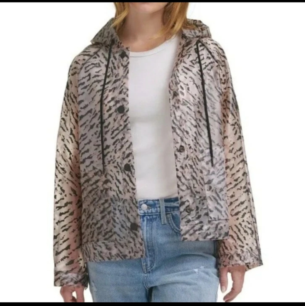 Calvin Klein CK Women's Animal Print Clear Hooded Rain Coat jacket NWT